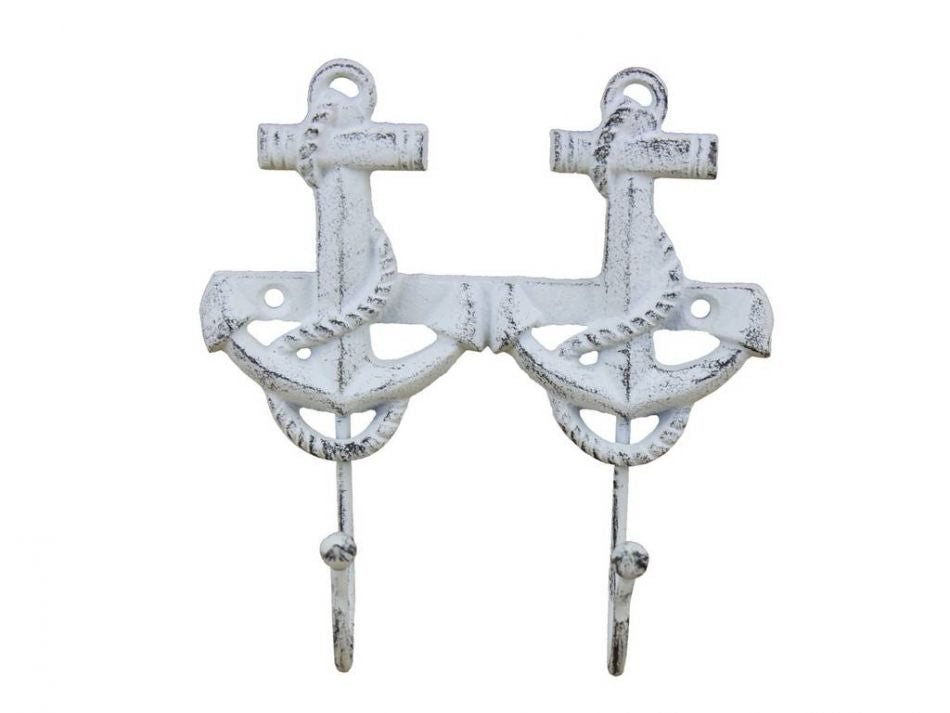 Rustic Whitewashed Cast Iron Decorative Anchor Hooks 7""