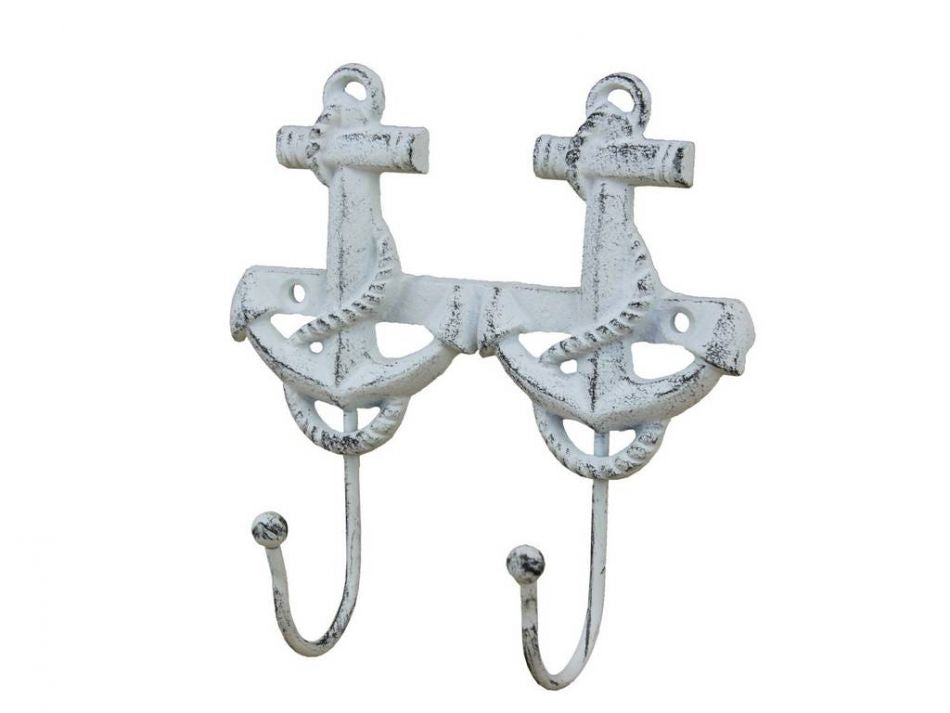 Rustic Whitewashed Cast Iron Decorative Anchor Hooks 7""