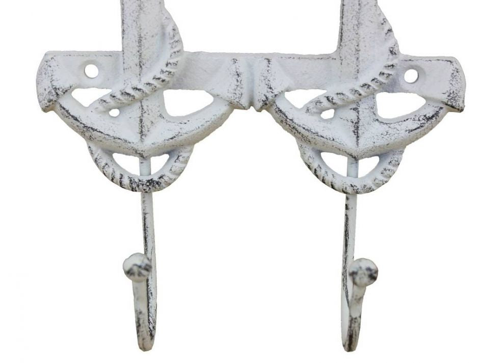 Rustic Whitewashed Cast Iron Decorative Anchor Hooks 7""