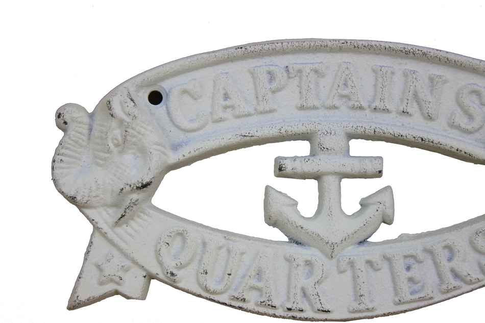 Whitewashed Cast Iron Captains Quarters Sign 8""
