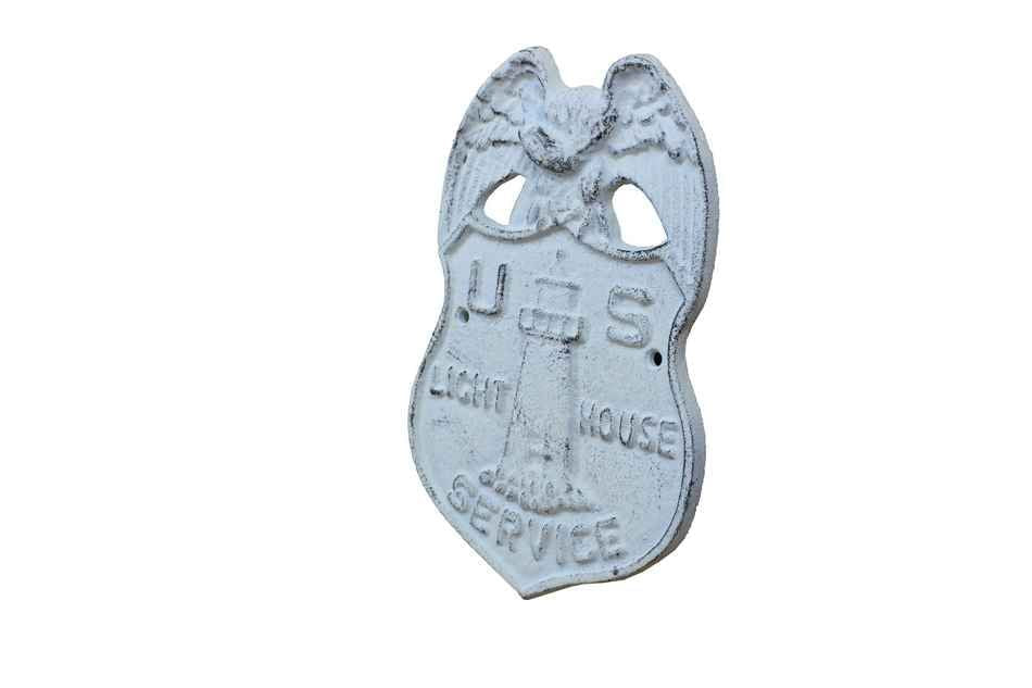 Whitewashed Cast Iron US Lighthouse Service Sign 9""