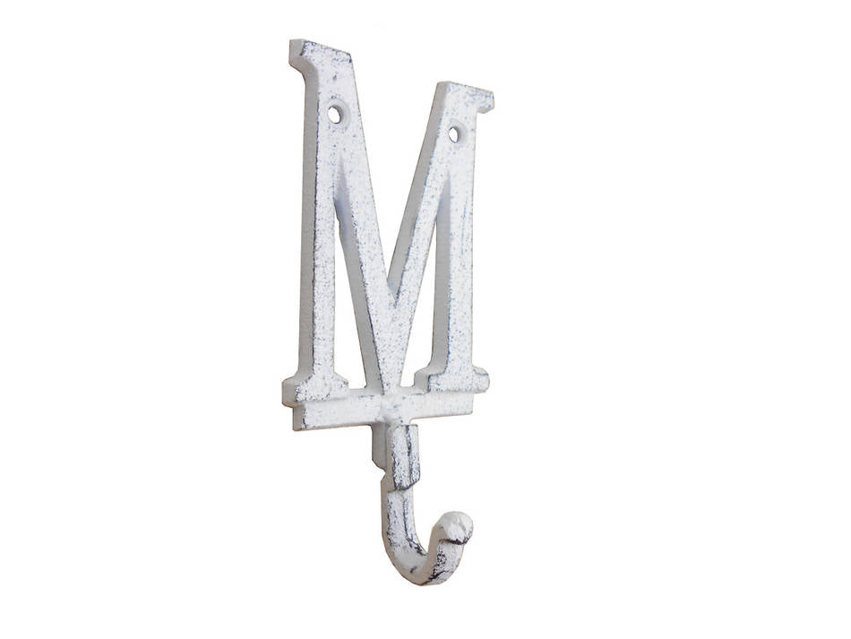 Whitewashed Cast Iron Letter M Alphabet Wall Hook 6""