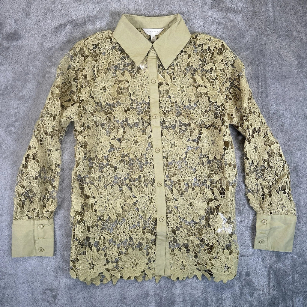 Adiva Embroidered Crochet Mesh Blouse Sheer Color Grass, Medium