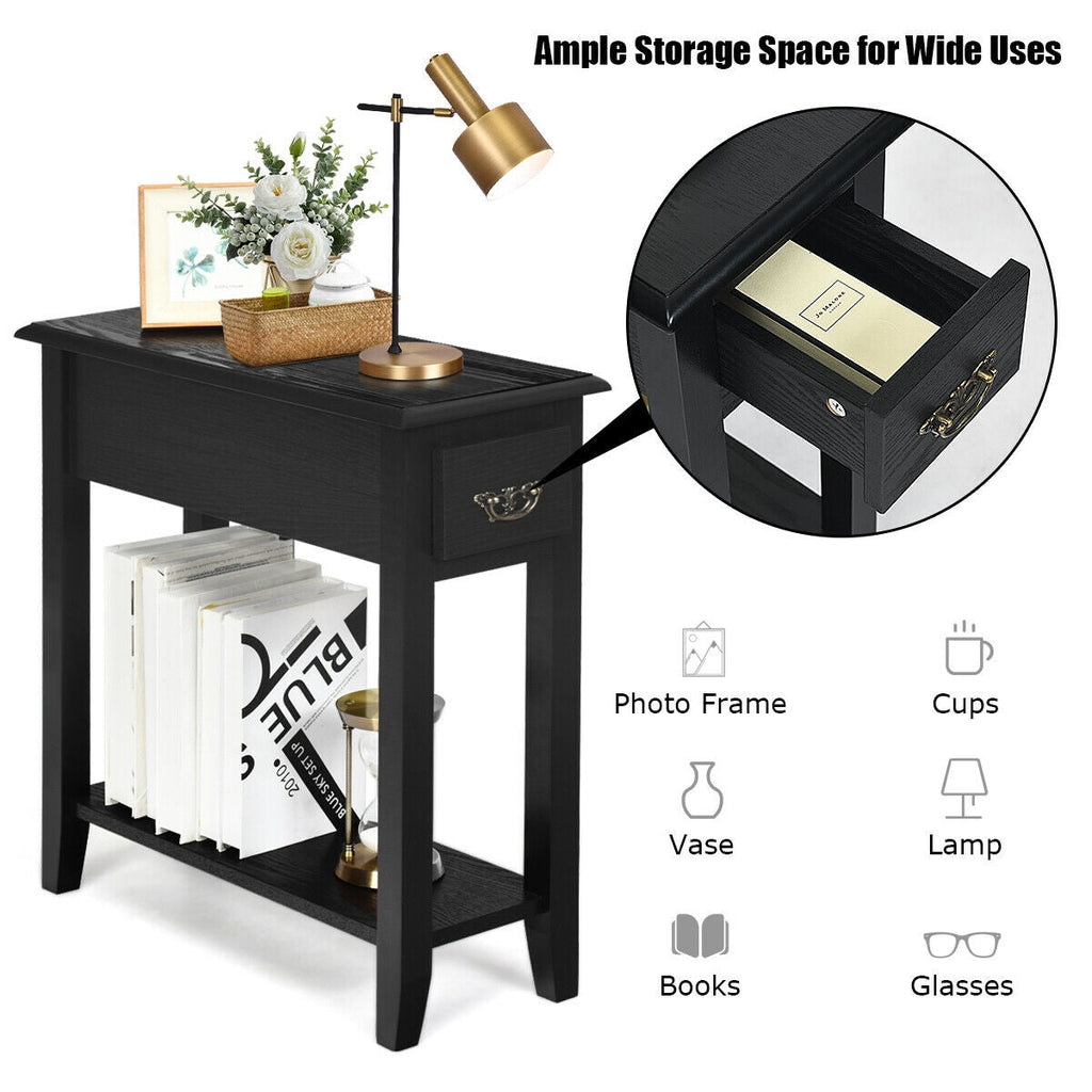 2 Pieces 2 Tier Sofa Side End Table with Drawer and Open Shelf