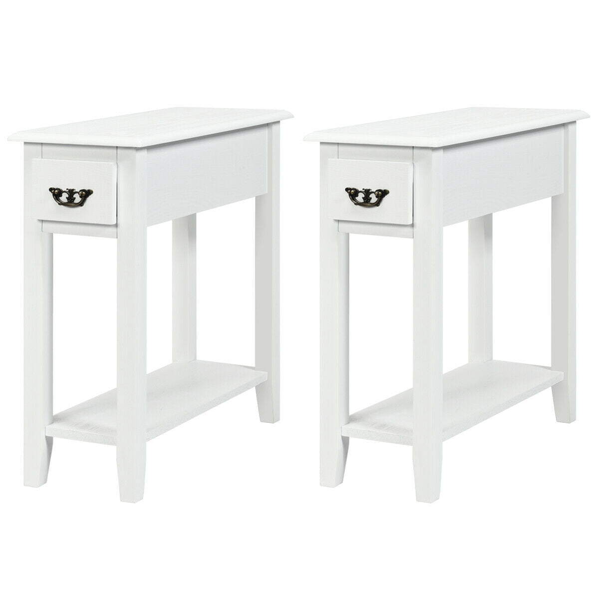 2 Pieces 2 Tier Sofa Side End Table with Drawer and Open Shelf
