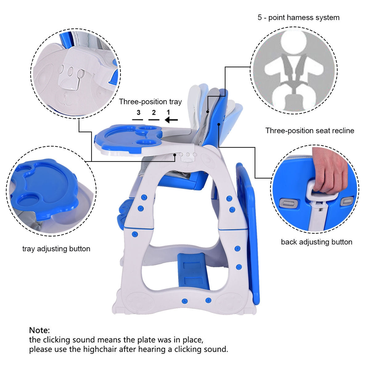 3 in 1 Infant Table and Chair Set Baby High Chair-Blue
