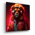 Pink Jacket Lion in Headphones Glass Wall Art