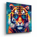 Teal Pop Tiger in Sunglasses Glass Wall Art