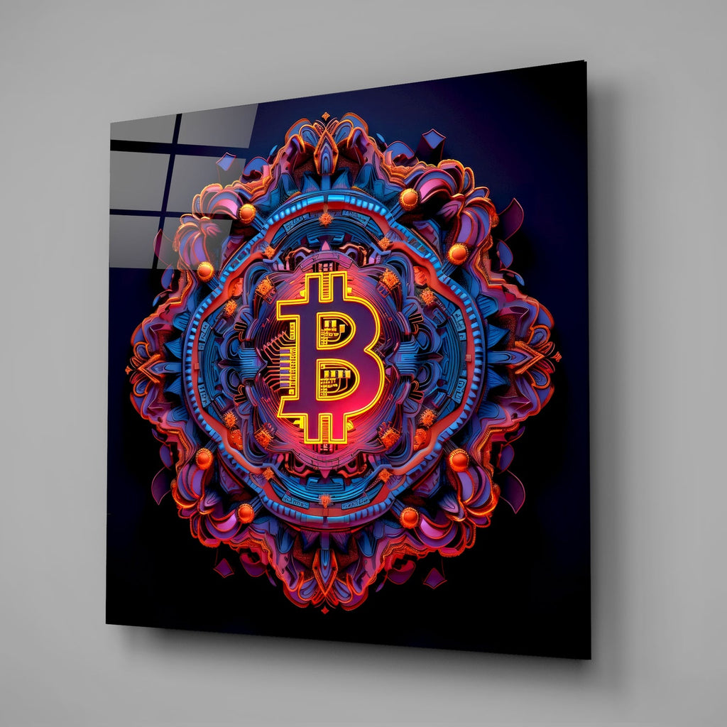 Neon Mandala Bitcoin Emblem Glass Wall Art
