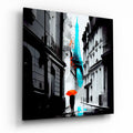 Turquoise Tower Red Umbrella Alley Glass Wall Art