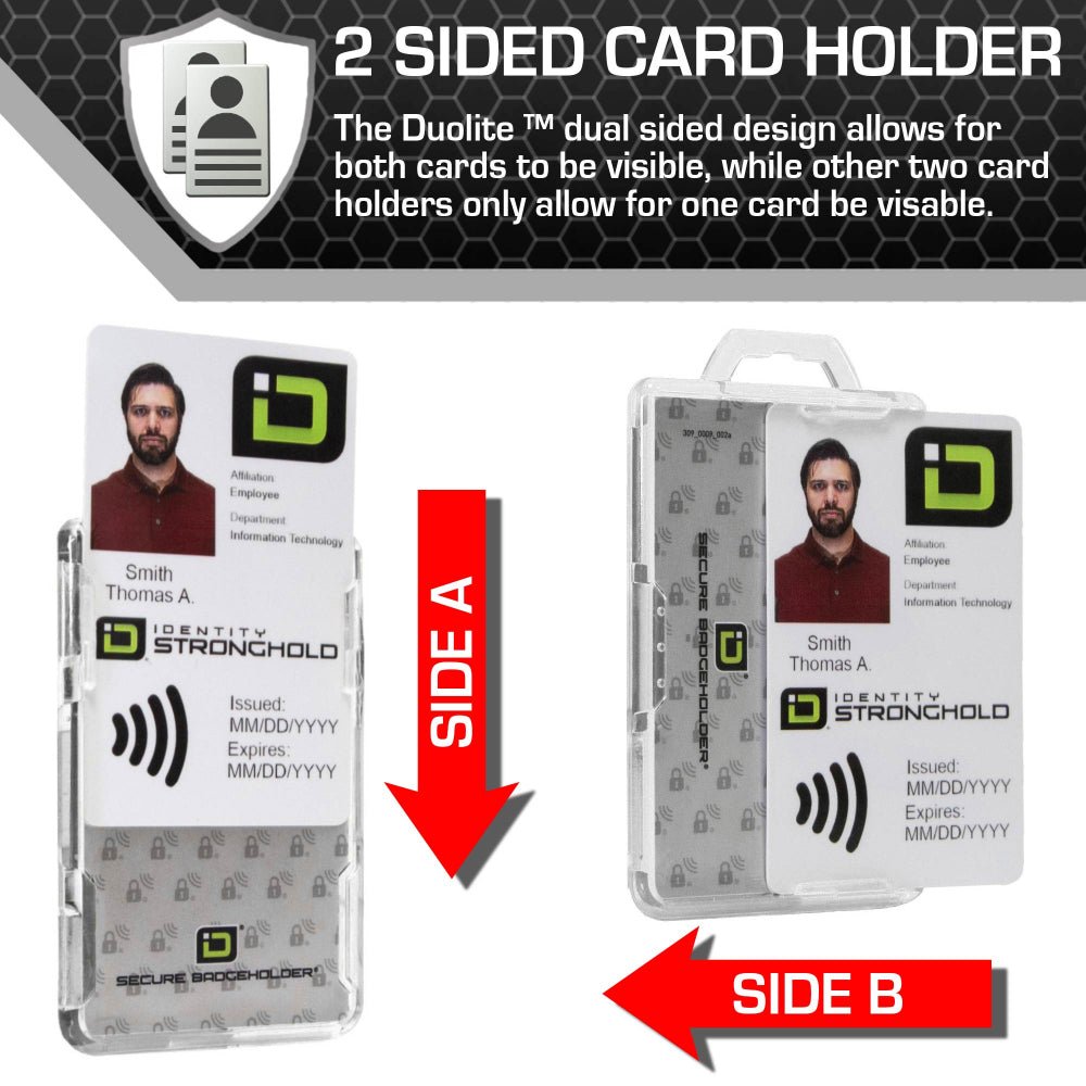Secure Badge Holder Duolite ® Vertical 2 ID Card Holder, Retractable Reel, and Lanyard Bundle - PhishStones Products