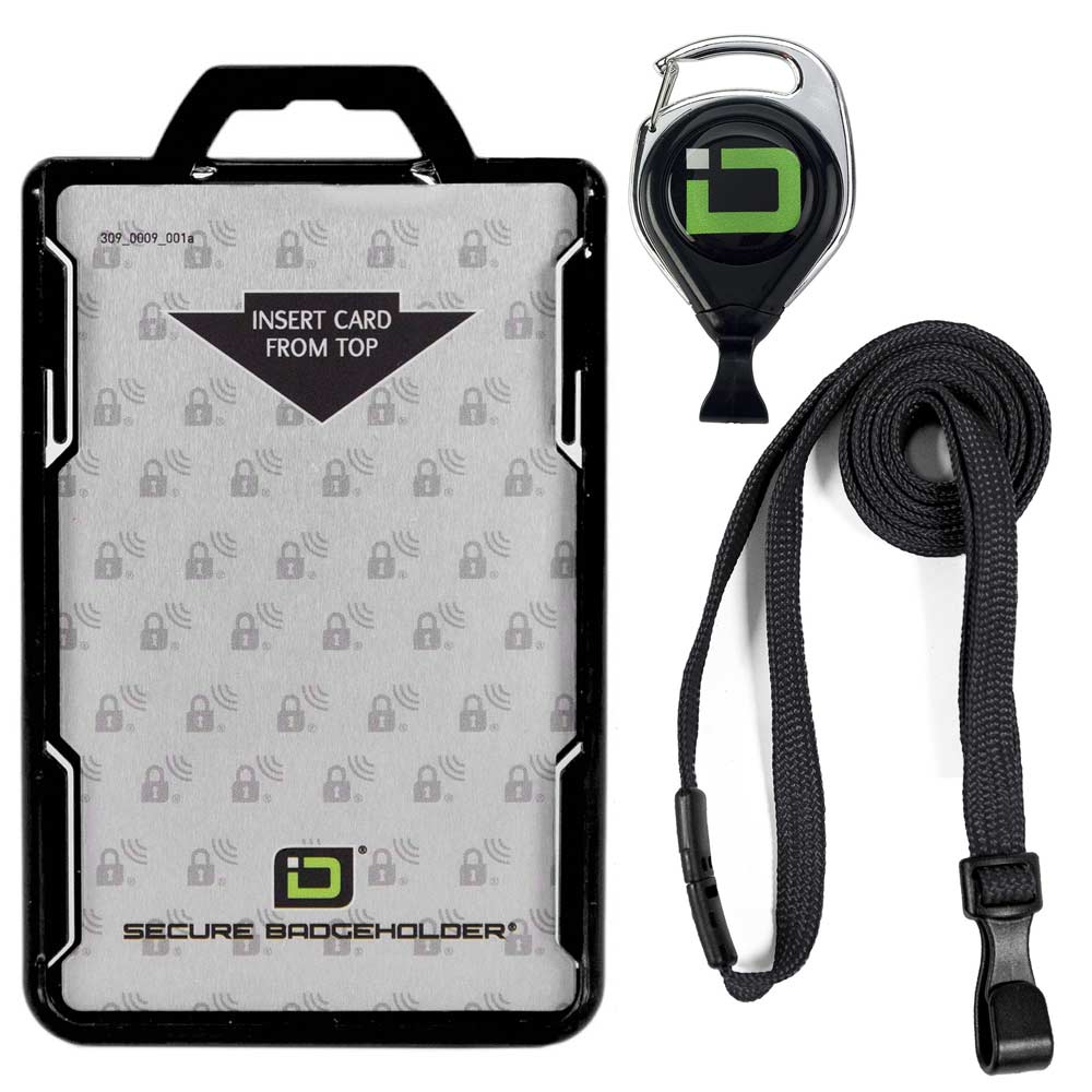Secure Badge Holder Duolite ® Vertical 2 ID Card Holder, Retractable Reel, and Lanyard Bundle - PhishStones Products