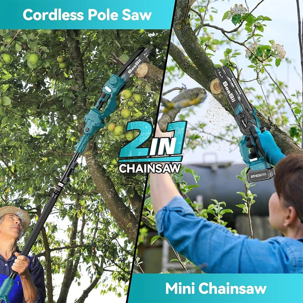Seesii 2 in 1 Cordless 6" 8'' Pole Saw Mini Chainsaw Power Electric Polesaw Chain Saw with Extension Pole for Tree Trimming - PhishStones Products