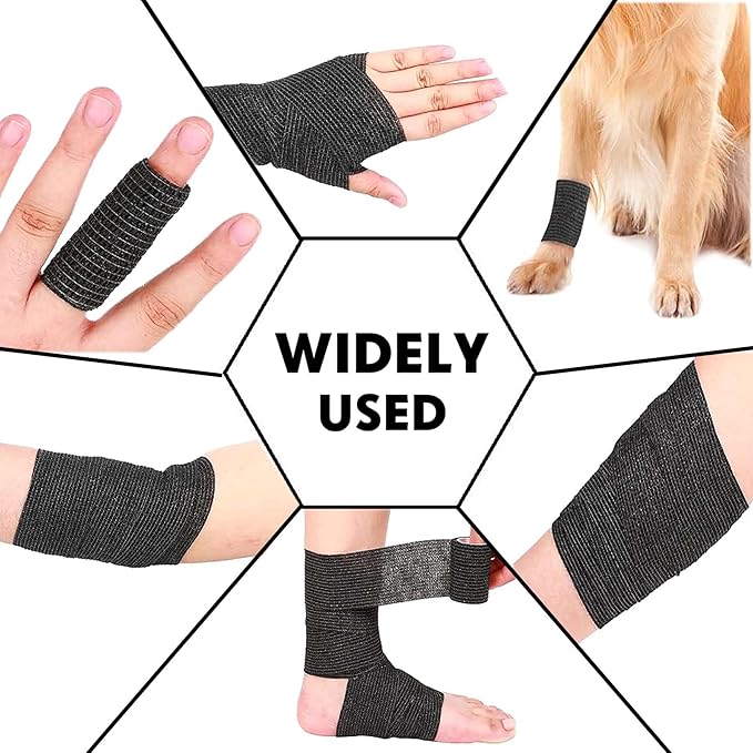 Self Adhesive Tape Wrap 15Rolls,Non - Woven Self Adherent Vet Wrap Tape,5CM x 4.5M Cohesive Bandage Tape for Wrist & Ankle,Elastic Grip Cover (Black - 15ROLLS) - PhishStones Products