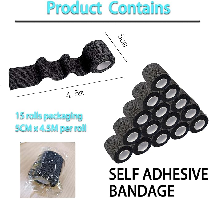 Self Adhesive Tape Wrap 15Rolls,Non - Woven Self Adherent Vet Wrap Tape,5CM x 4.5M Cohesive Bandage Tape for Wrist & Ankle,Elastic Grip Cover (Black - 15ROLLS) - PhishStones Products
