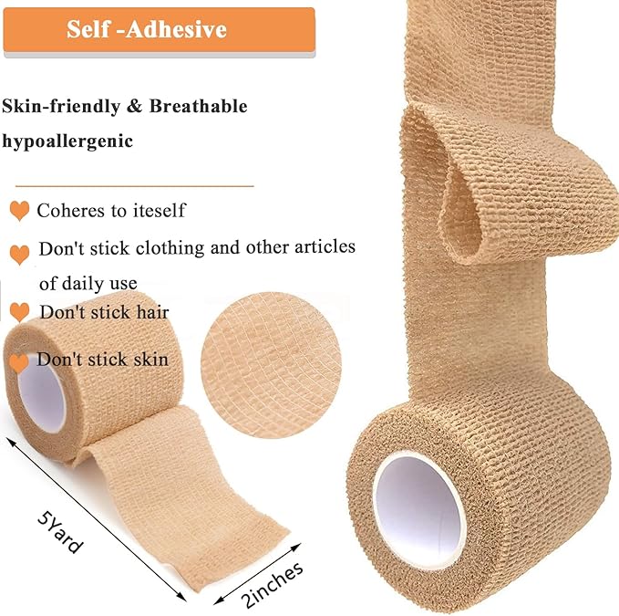 Self Adhesive Tape Wrap 15Rolls,Non - Woven Self Adherent Vet Wrap Tape,5CM x 5Yard | Cohesive Bandage Tape for Wrist & Ankle,Elastic Grip Cover (Skincolor - 15Rolls) - PhishStones Products