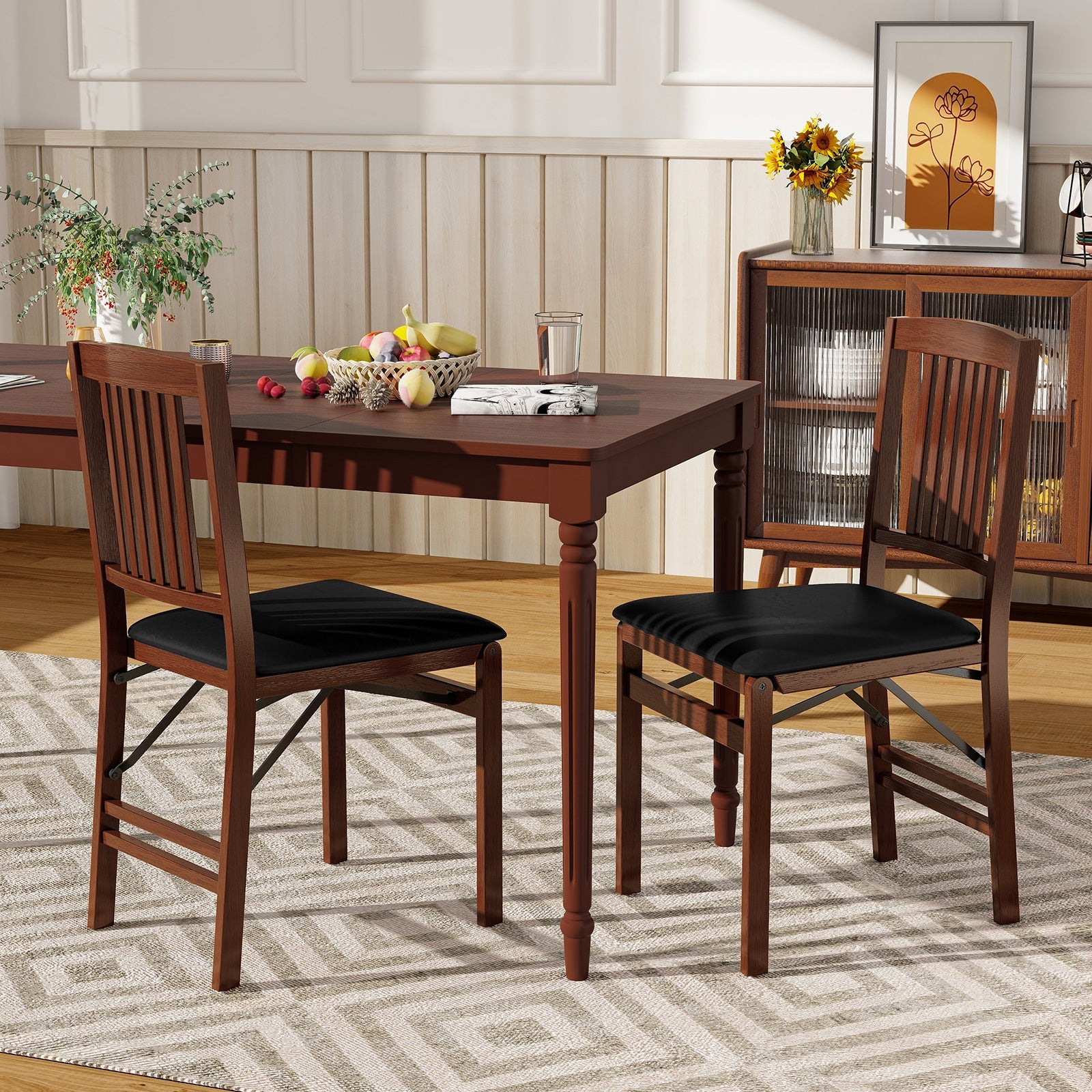 Set of 2 Foldable Upholstered Kitchen Chairs with Padded Seat-Brown