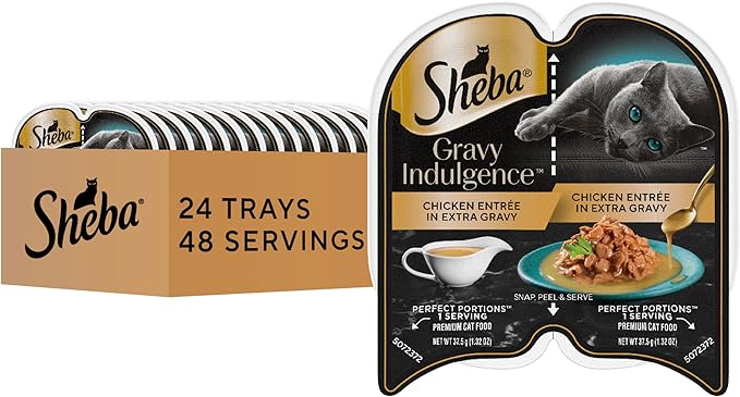 Sheba Gravy Indulgence Adult Wet Cat Food Chicken Entree in Extra Gravy, 2.6 oz. Twin - Pack Trays (24 Count, 48 Servings) - PhishStones Products