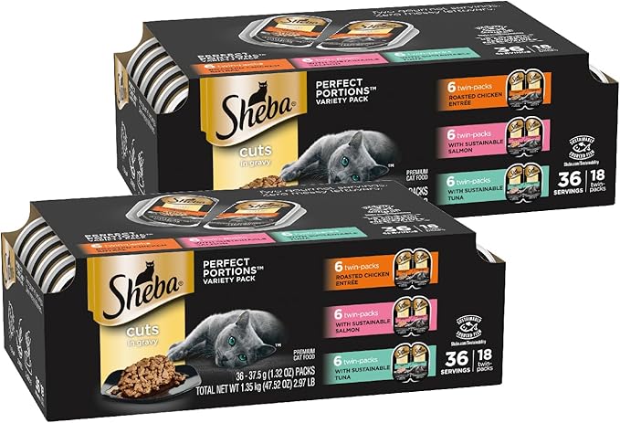 Sheba Perfect Portions Wet Cat Food Cuts in Gravy Variety Pack, Roasted Chicken Entree, with Sustainable Salmon, 2.6 oz. Twin - Pack Trays (18 Count, 36 Servings) (Pack of 2) - PhishStones Products
