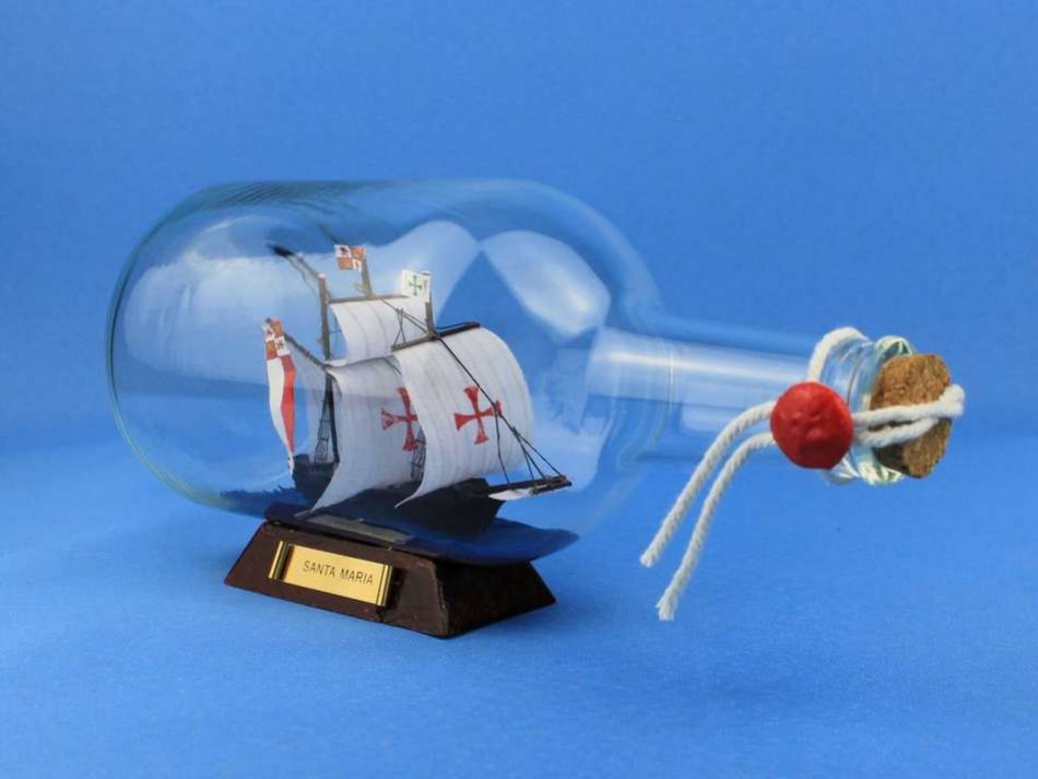 Santa Maria Model Ship in a Glass Bottle 9""
