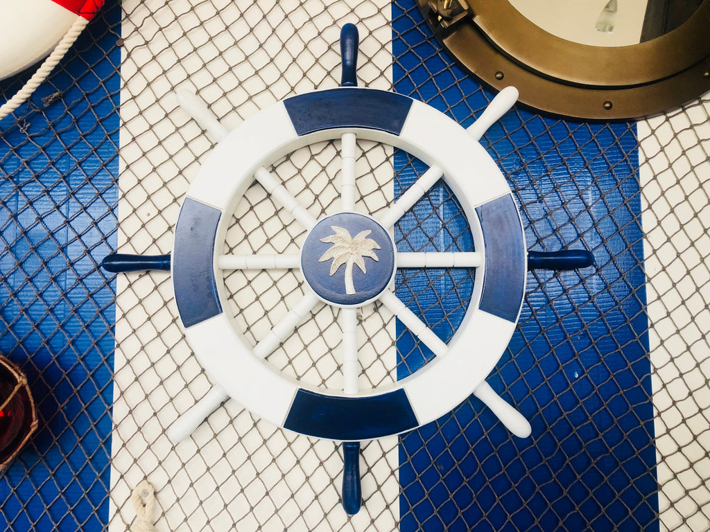 Dark Blue and White Decorative Ship Wheel with Palm Tree 18""