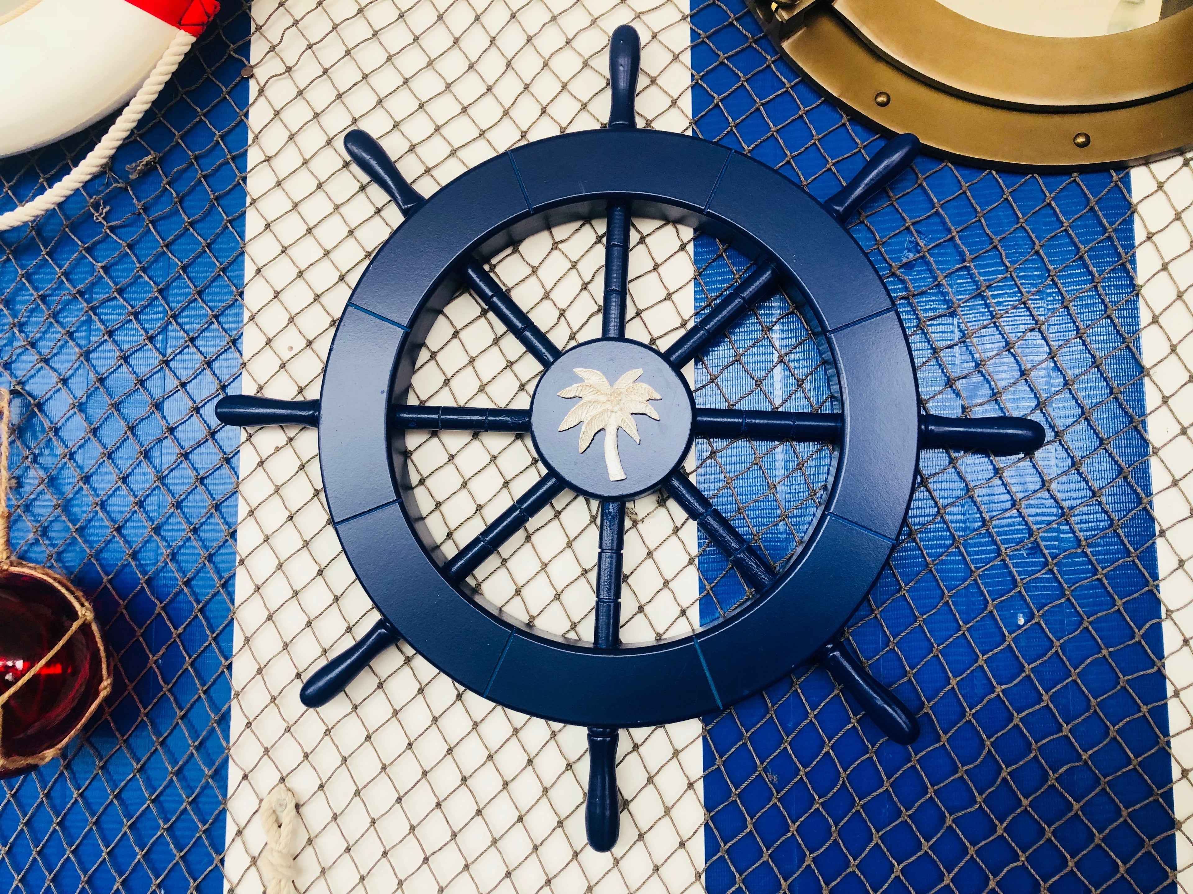 Dark Blue Decorative Ship Wheel with Palm Tree 18""