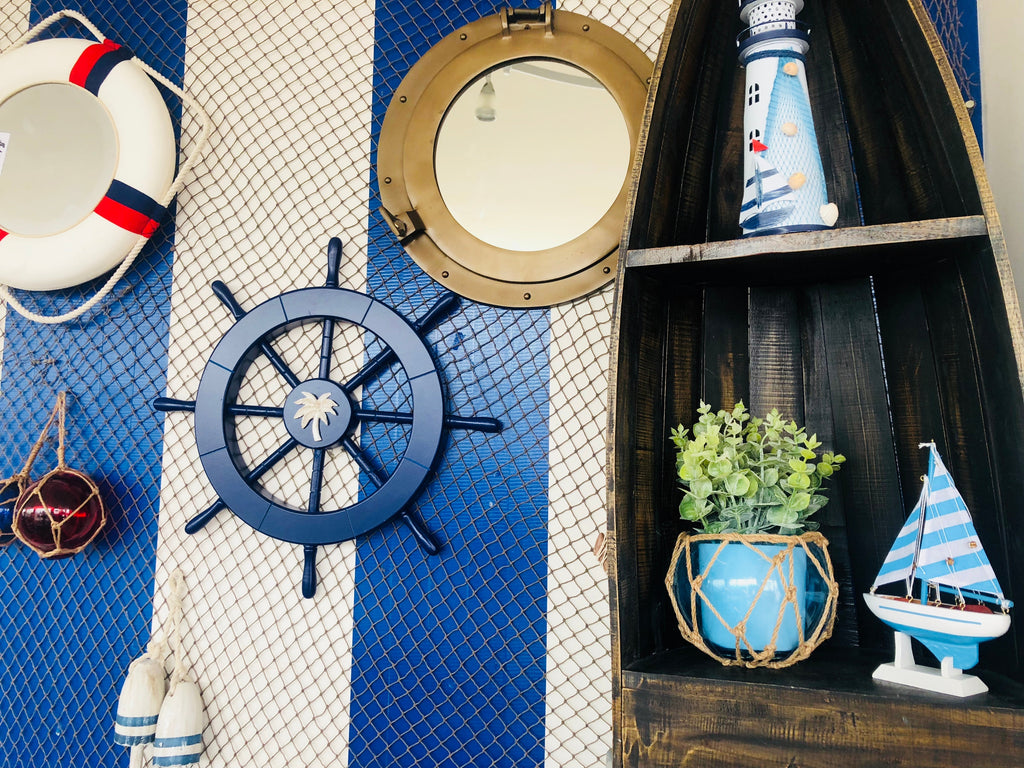 Dark Blue Decorative Ship Wheel with Palm Tree 18""