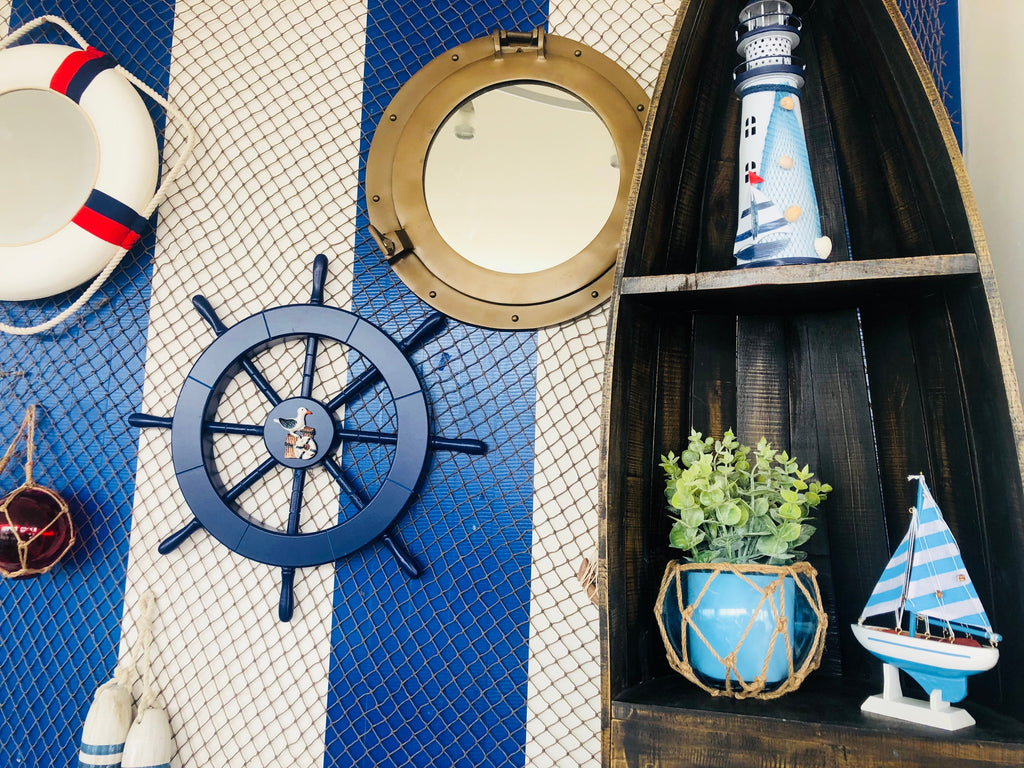 Dark Blue Decorative Ship Wheel with Seagull and Lifering 18""