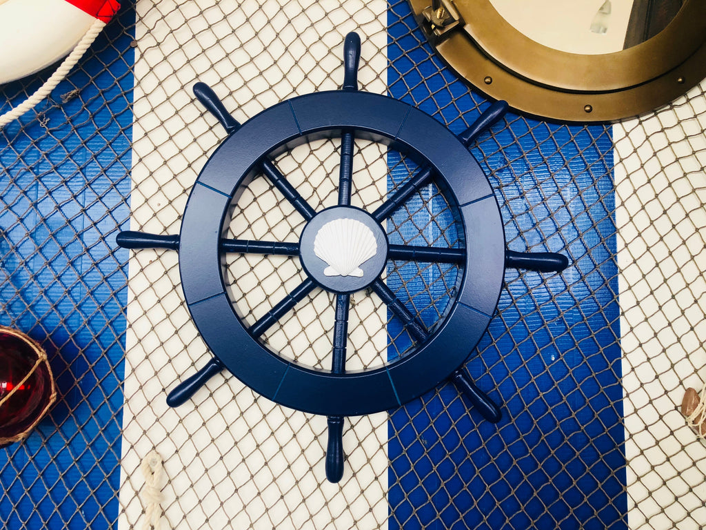 Dark Blue Decorative Ship Wheel with Seashell 18""