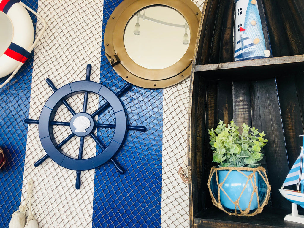 Dark Blue Decorative Ship Wheel with Seashell 18""