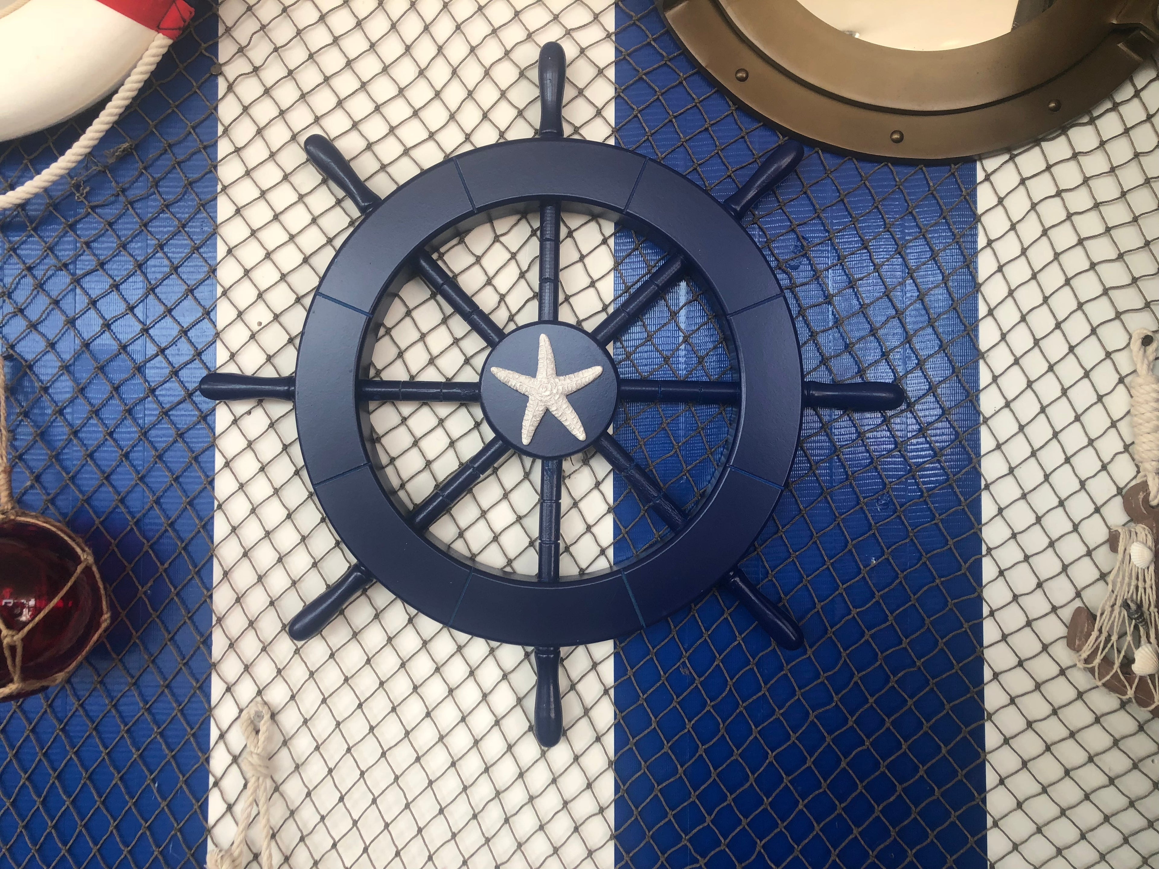 Dark Blue Decorative Ship Wheel with Starfish 18""