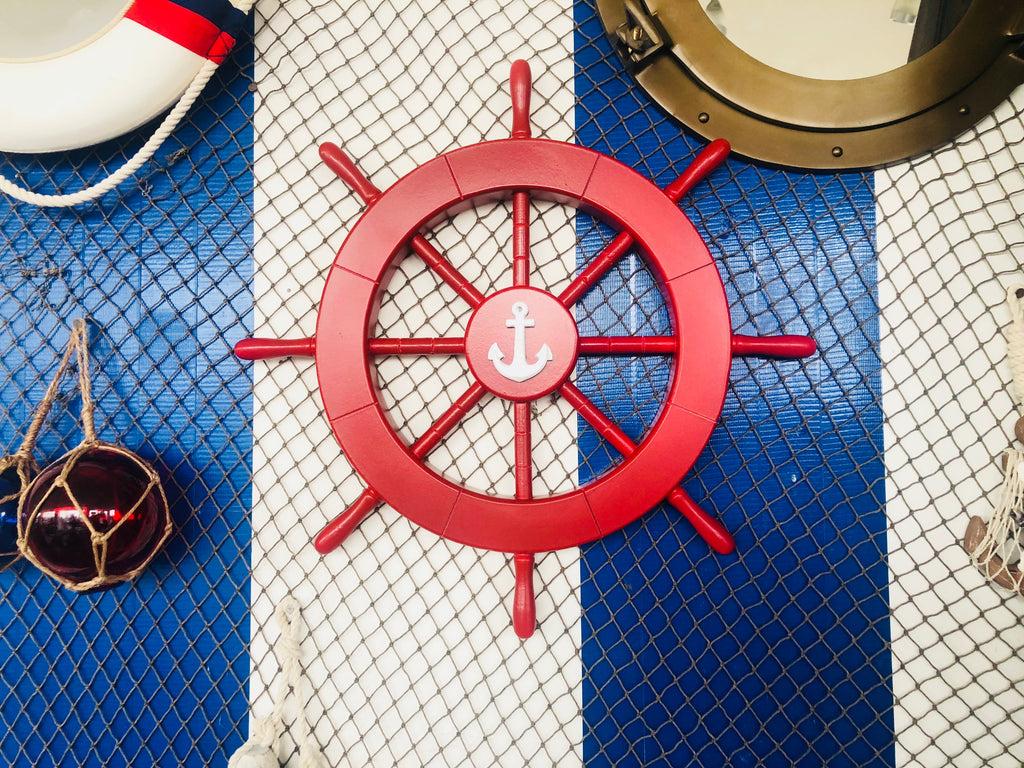 Red Ship Decorative Wheel with Anchor 18""