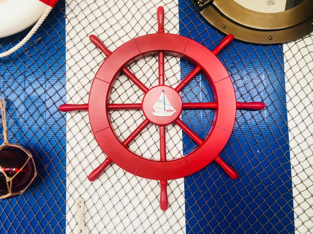 Red Ship Decorative Wheel with Sailboat 18""