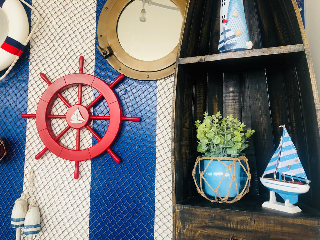 Red Ship Decorative Wheel with Sailboat 18""