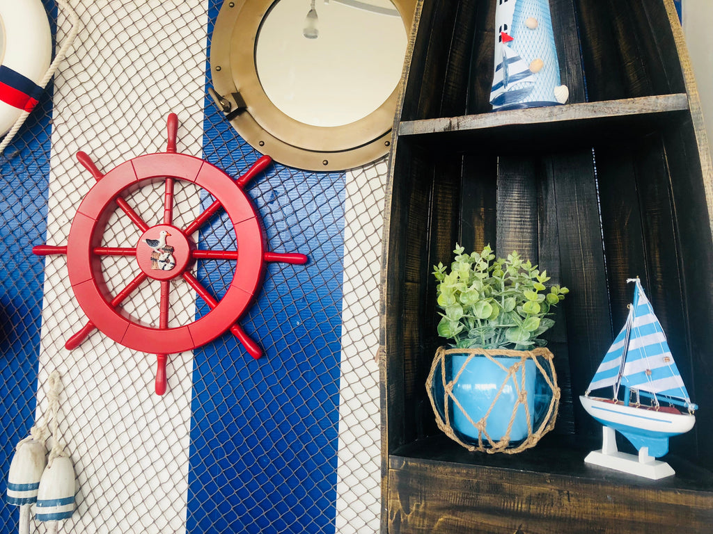Red Ship Decorative Wheel with Seagull and Lifering 18""