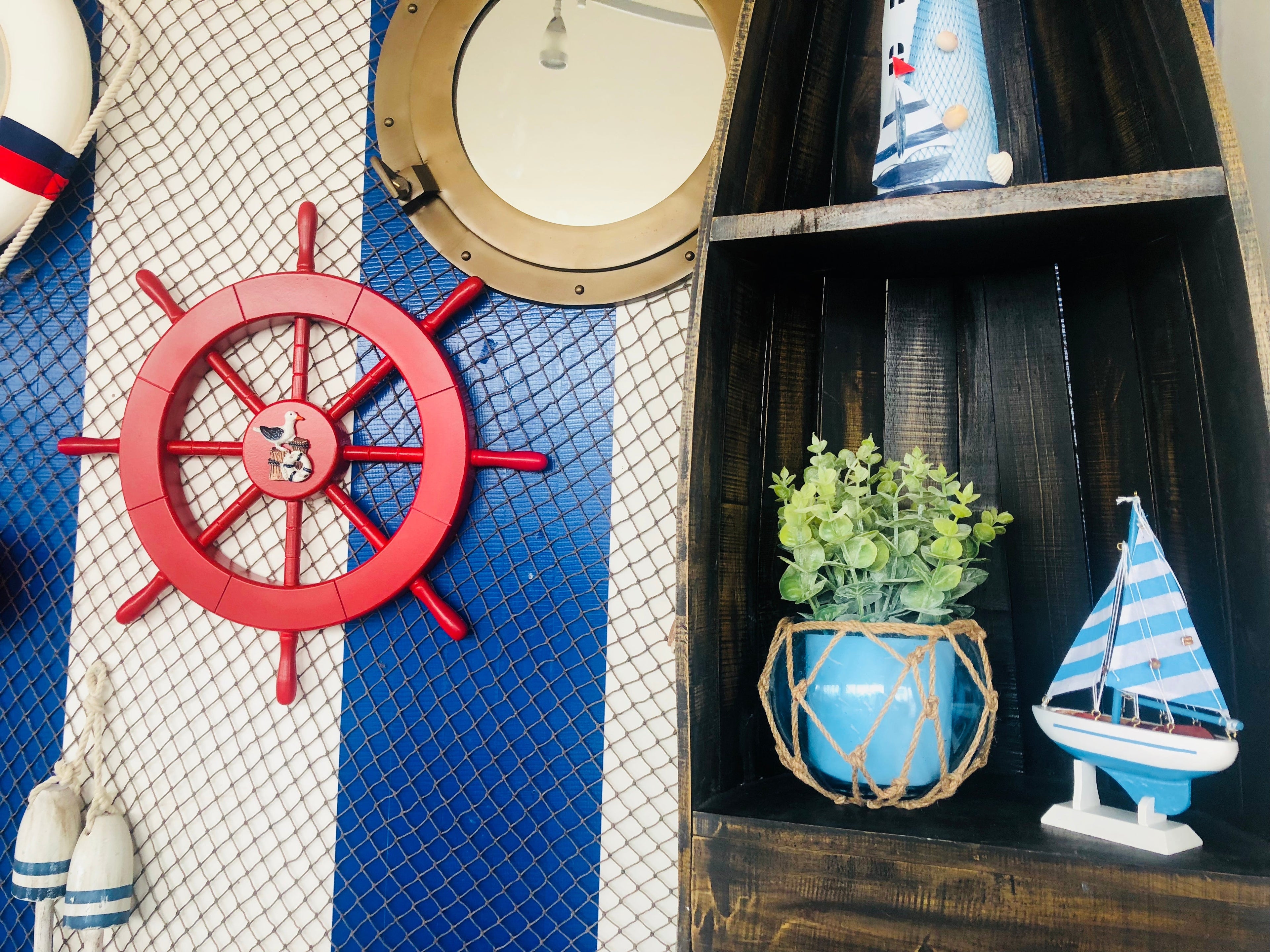 Red Ship Decorative Wheel with Seagull and Lifering 18""