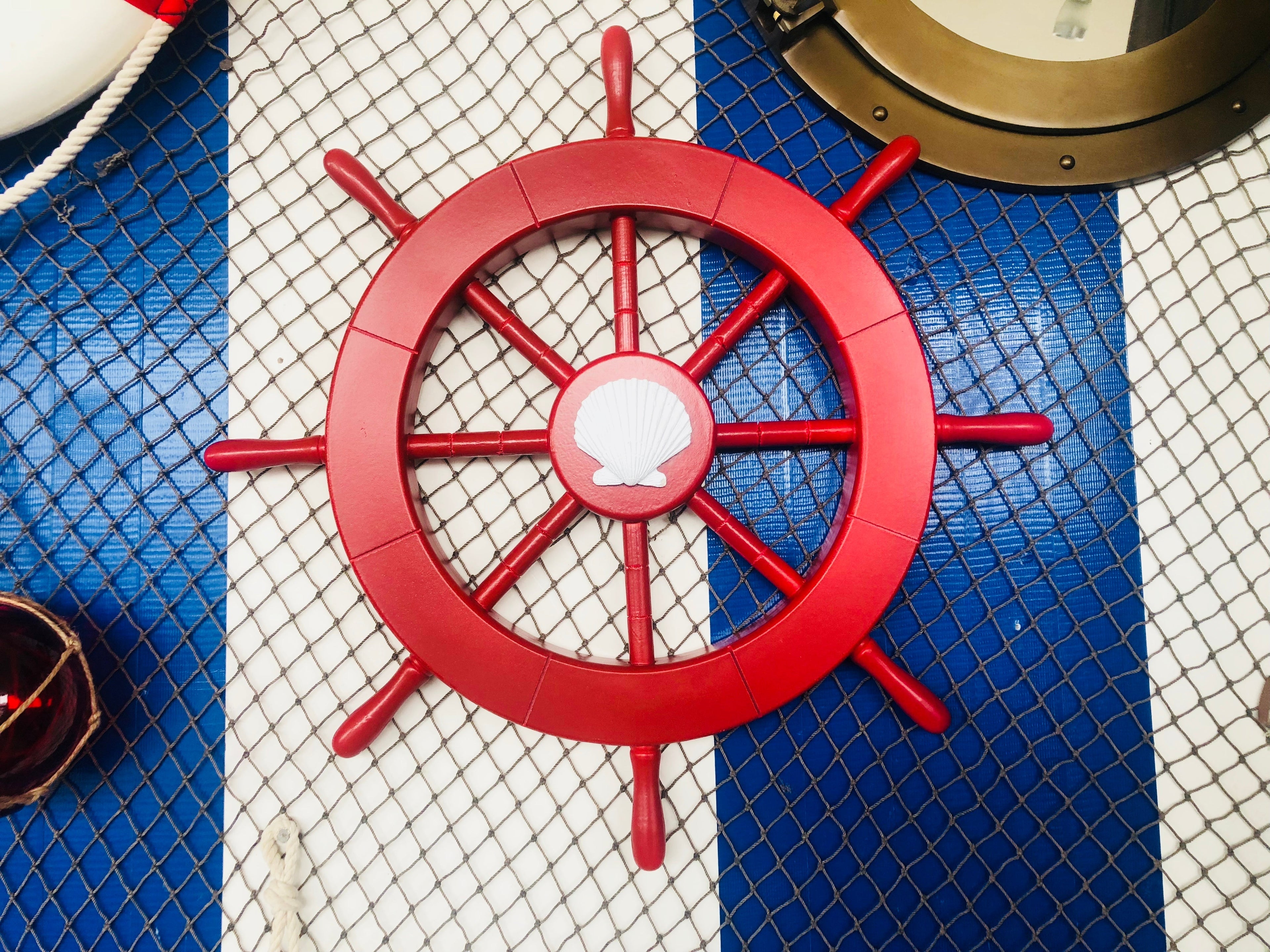 Red Ship Decorative Wheel with Seashell 18""