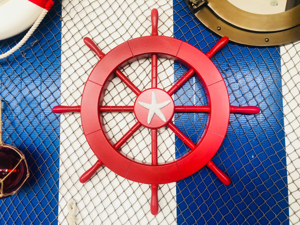 Red Ship Decorative Wheel with Starfish 18""