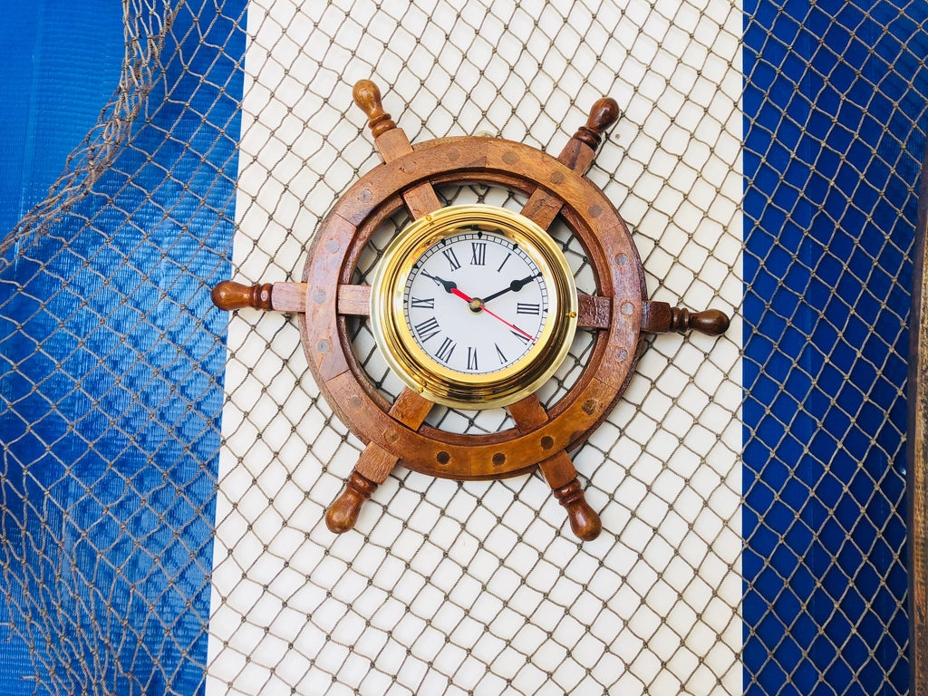 Deluxe Class Wood And Brass Ship Wheel Clock 12""