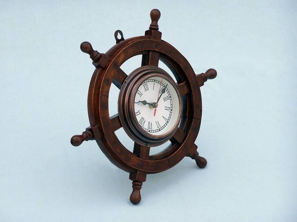 Deluxe Class Wood and Antique Copper Ship Steering Wheel Clock 12""