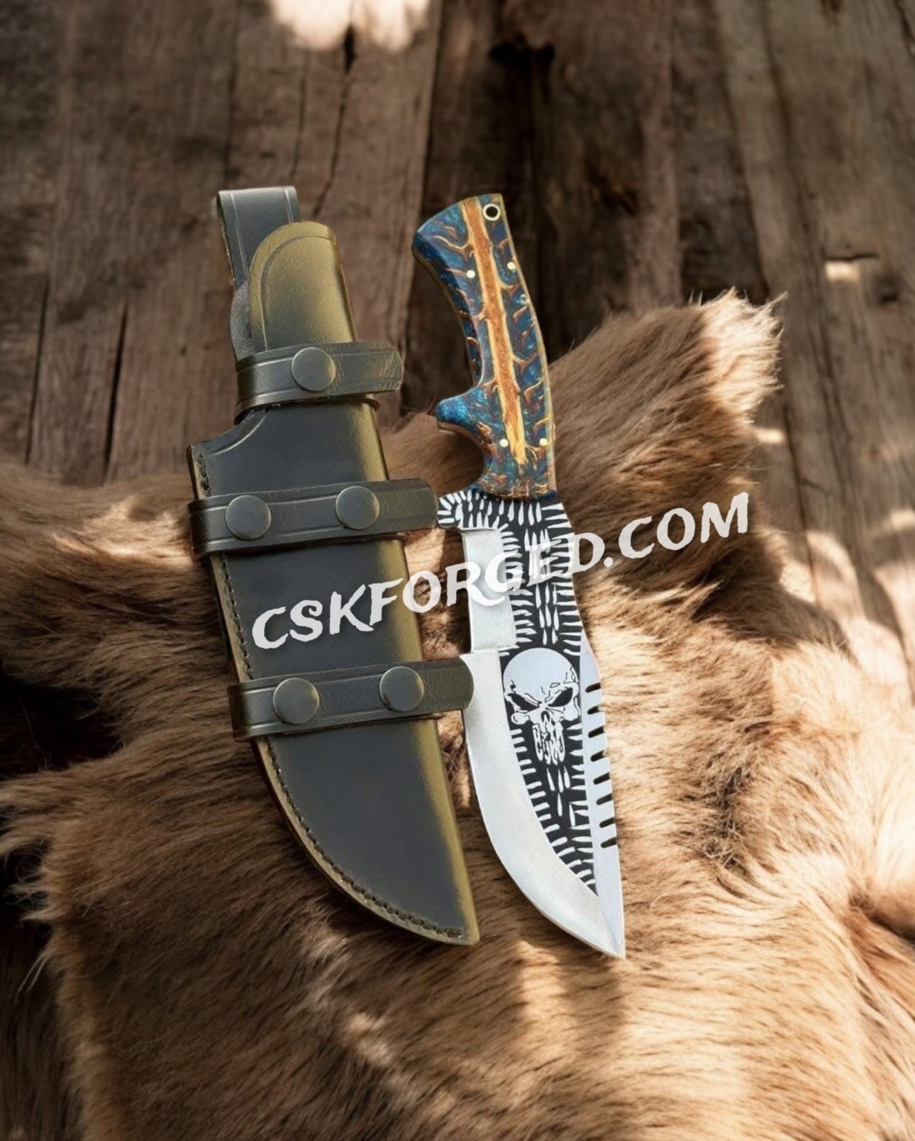 Skull Tactical Hunting Knife – Engraved Fixed Blade with Pine Cone Handle & Leather Sheath - PhishStones Products