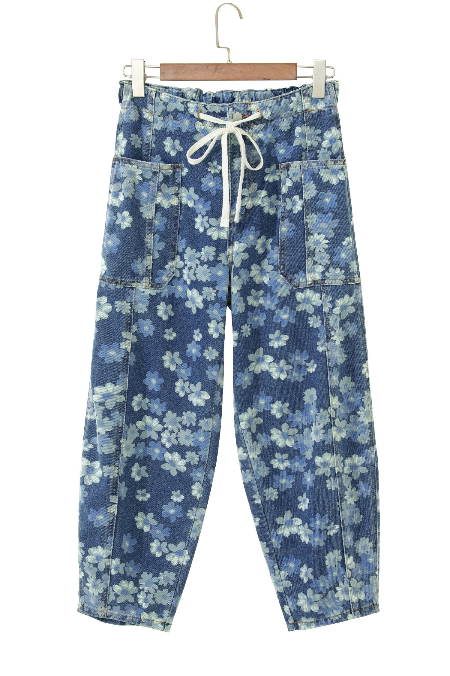 Sky Blue Dainty Floral Printed Drawstring Barrel Jeans - PhishStones Products