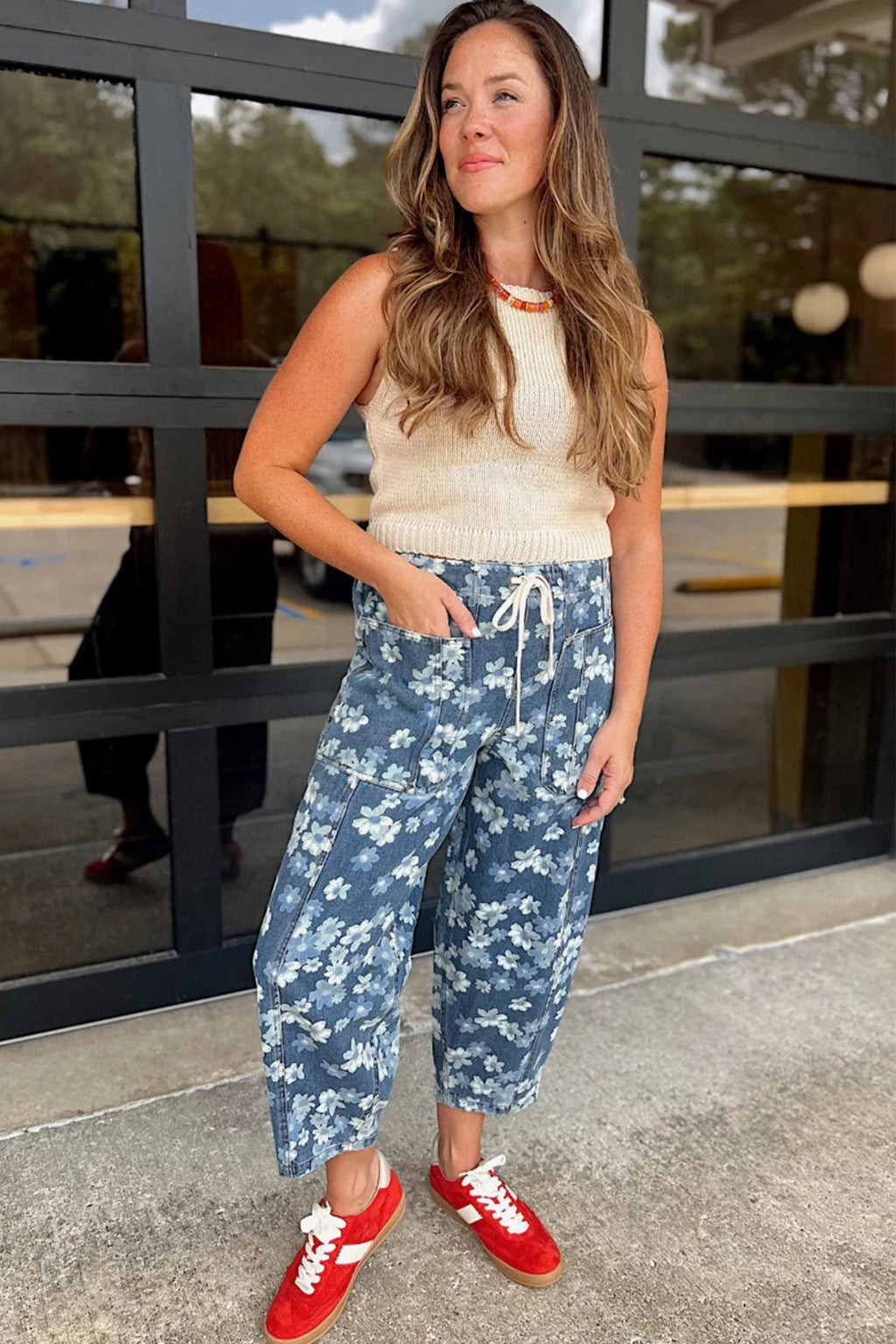 Sky Blue Dainty Floral Printed Drawstring Barrel Jeans - PhishStones Products