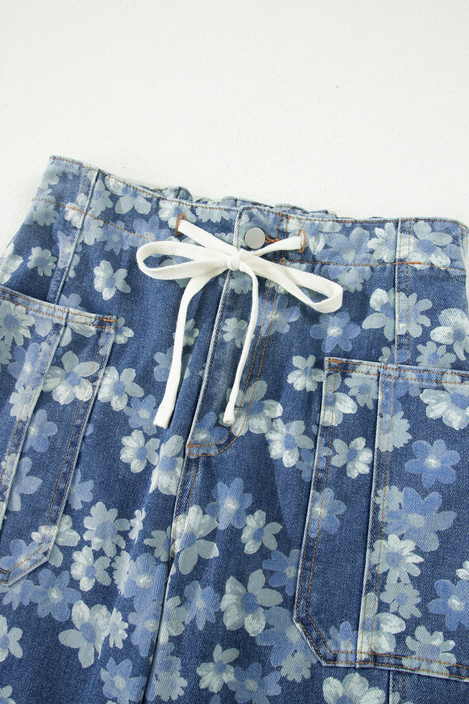 Sky Blue Dainty Floral Printed Drawstring Barrel Jeans - PhishStones Products
