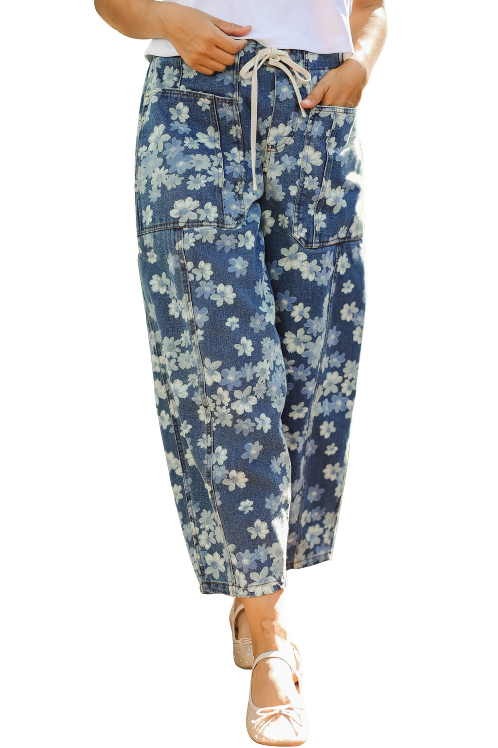 Sky Blue Dainty Floral Printed Drawstring Barrel Jeans - PhishStones Products