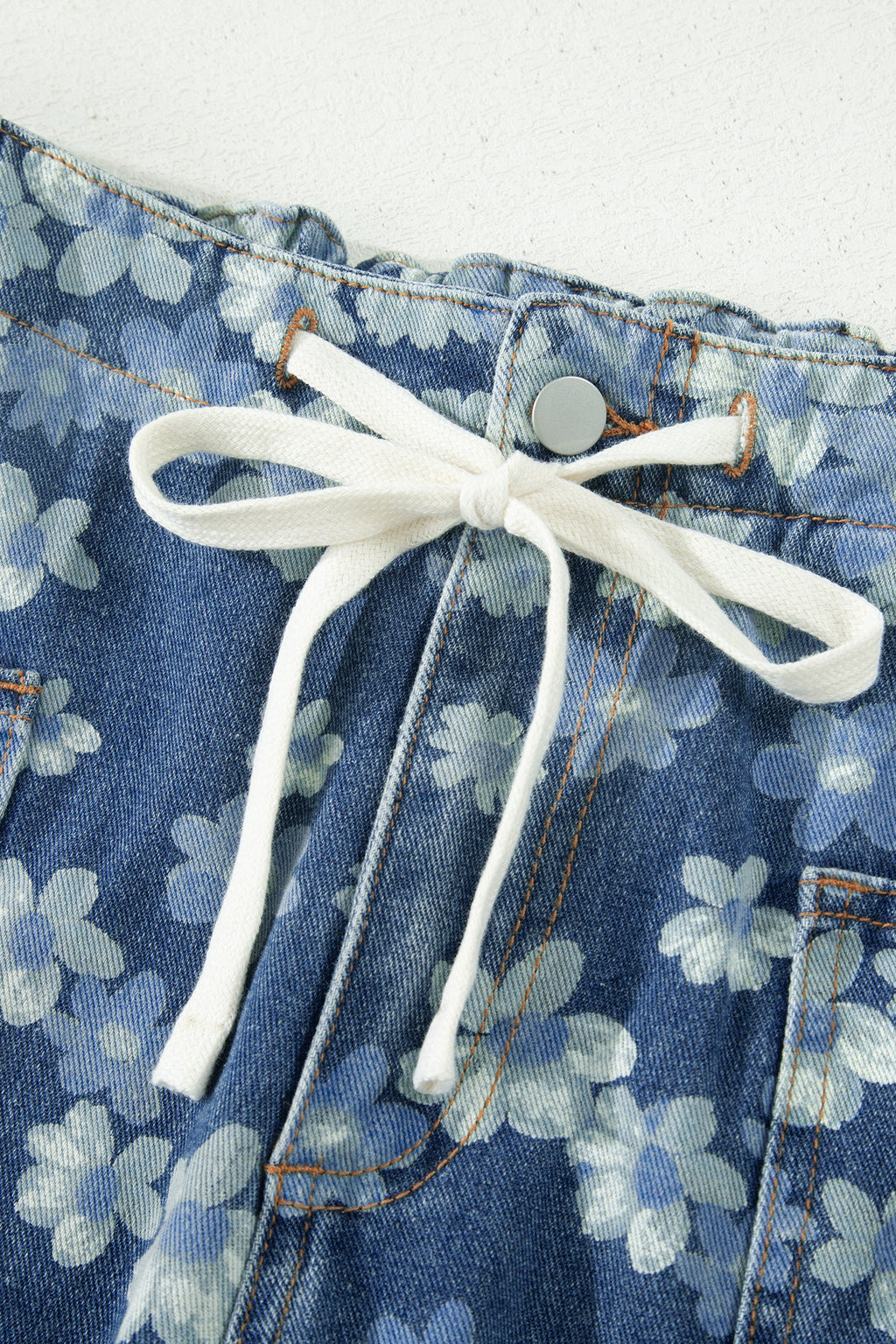 Sky Blue Dainty Floral Printed Drawstring Barrel Jeans - PhishStones Products