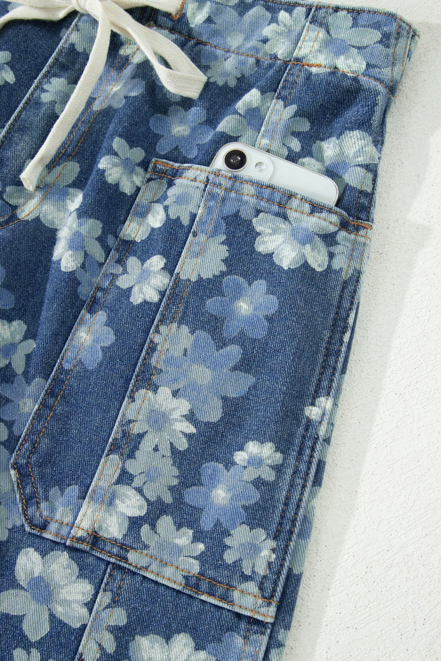 Sky Blue Dainty Floral Printed Drawstring Barrel Jeans - PhishStones Products