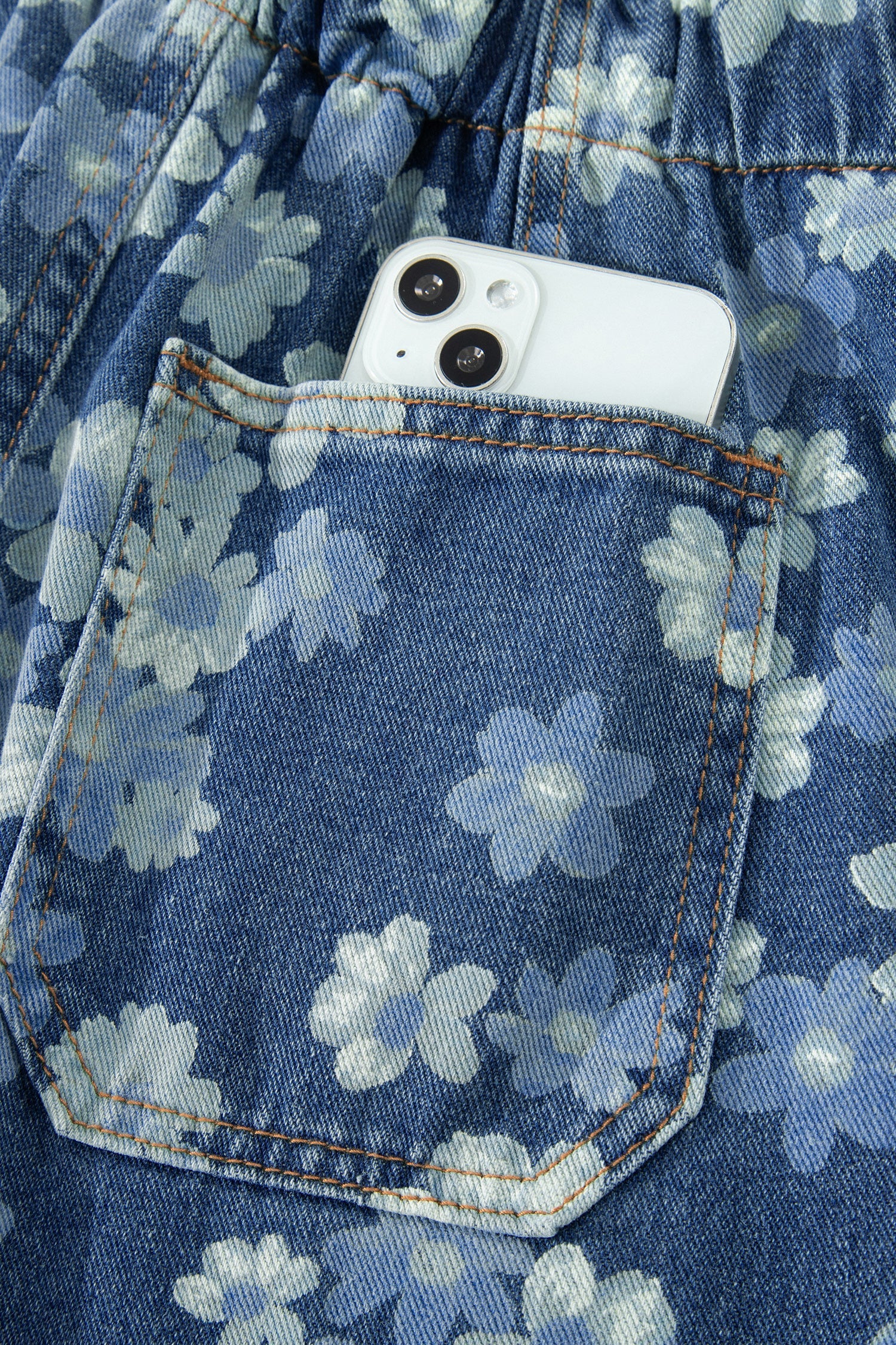 Sky Blue Dainty Floral Printed Drawstring Barrel Jeans - PhishStones Products