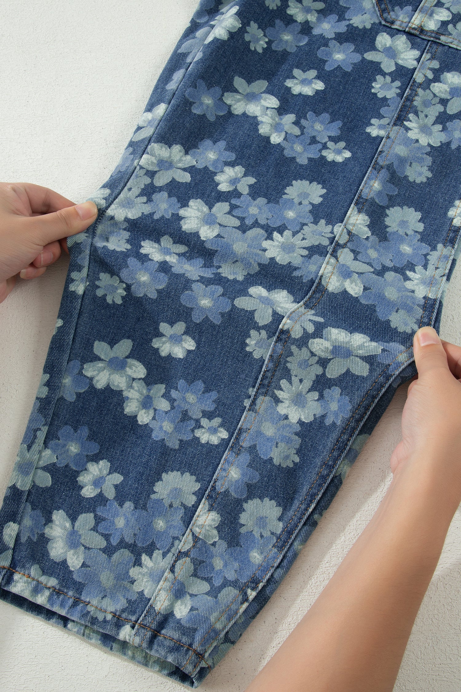 Sky Blue Dainty Floral Printed Drawstring Barrel Jeans - PhishStones Products