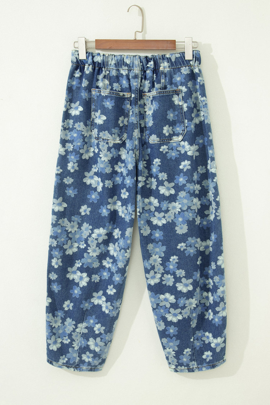 Sky Blue Dainty Floral Printed Drawstring Barrel Jeans - PhishStones Products
